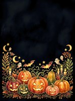 Spooky autumn border with carved jack-o-lantern pumpkins, glowing faces, bats, ghosts, moons, stars, and ornamental foliage on dark background. Perfect for Halloween designs.