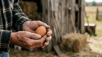 Farmer holding fresh brown egg in weathered hands at rural chicken coop, representing organic farm production and sustainable agriculture.