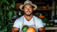 Smiling Caucasian male farmer in hat and apron holding fresh watermelon and orange in rustic kitchen with green plants.