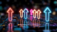 Colorful neon arrows pointing upward on circuit board background representing growth, progress, technology advancement and digital transformation.