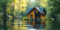 Yellow cottage partially submerged in calm lake water with green forest background and reflections, dramatic natural lighting creates dreamy atmosphere for real estate concepts.