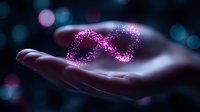 Glowing infinity symbol made of pink sparkles and particles floating above open palm against dark background with bokeh lights for spiritual concepts.