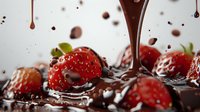 Fresh ripe strawberries with dark chocolate sauce dripping and splashing, creating dynamic food composition on white background. Macro shot with selective focus.