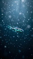 Futuristic robotic fish swimming through deep blue water with floating particles and bubbles creating mystical underwater atmosphere for sci-fi concepts.
