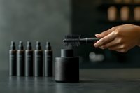 Female hand holding black mascara brush over luxury cosmetic container with row of dark bottles in background on dark surface with moody lighting.