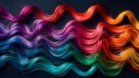 Vibrant rainbow colored wavy hair strands flowing horizontally against dark background, featuring smooth gradient transitions from blue and purple to pink, red and orange tones.