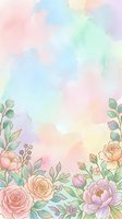 Soft watercolor floral border with pastel roses, peonies, and green leaves on a dreamy rainbow background, perfect for cards and invitations.