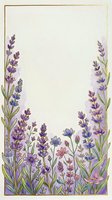 Watercolor lavender flowers frame with gold border on textured paper background for wedding invitations, greeting cards and botanical design projects.