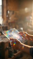 Hands holding transparent digital tablet displaying holographic galaxy and cosmic light effects with rainbow prism reflections in warm studio setting.