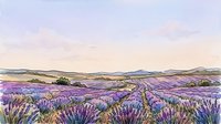 Expansive lavender field landscape with rolling hills and distant mountains under soft pastel sky, suitable for travel and nature backgrounds.
