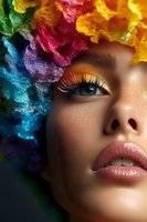 Close up beauty portrait with vibrant rainbow smoke effects, dramatic yellow eye makeup, freckled skin and glossy lips against dark background for cosmetic advertising.