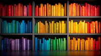 Colorful books arranged by spectrum colors on wooden shelves creating rainbow pattern. Dark background highlights vibrant spines. For education and library concepts.