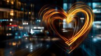 Glowing heart shape created with light trails against dark urban nightscape with bokeh lights and reflections. Romantic city atmosphere for Valentine's designs.