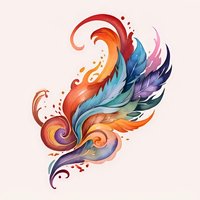 Vibrant feather artwork with swirling orange, blue, purple and pink plumes creating dynamic movement on light background, isolated design element for creative projects.