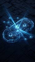 Connected vehicle with glowing digital network overlay and security shield icon, representing autonomous driving technology, IoT connectivity, and smart car systems for automotive innovation concepts.
