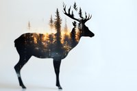 Silhouette of majestic deer with double exposure effect revealing forest landscape and sunset through its body against white background, artistic nature composition.