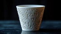 White ceramic cup with geometric maze pattern on dark textured background, minimalist design showcasing modern drinkware against moody lighting.