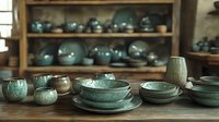 Handcrafted ceramic tableware in muted sage and turquoise glazes displayed on wooden shelving, featuring artisanal bowls, plates and cups with organic textures and forms.