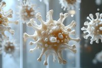 Detailed microscopic view of coronavirus cell structure in beige tones against blurred background, showing characteristic spike proteins and spherical shape.