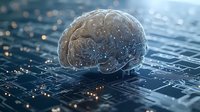 Glowing brain model on circuit board background with neural network connections and light effects illustrates artificial intelligence and machine learning concepts.