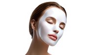 Young woman with closed eyes wearing white facial sheet mask against neutral background, demonstrating skincare and beauty treatment routine for wellness spa concept.