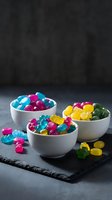 Colorful gummy bears candy in white ceramic bowls on dark slate board, sweet confectionery treats for dessert and snacking occasions.