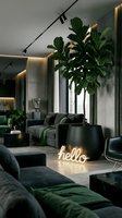 Moody luxury living room with dark velvet sofas, concrete walls, large fiddle leaf fig tree, and glowing neon hello sign accent light.