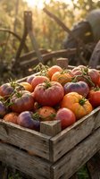 Fresh heirloom tomatoes in rustic wooden crate during golden hour harvest time with warm sunlight and garden tools in background for organic farming concepts.
