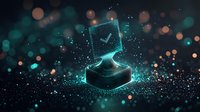Glowing checkmark symbol floating above platform with magical turquoise particles and bokeh lights on dark background, digital verification concept.