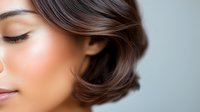 Young Asian woman with natural makeup and brown wavy hair in profile view against light gray background, showing flawless skin and peaceful expression.