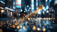 Glowing financial chart with upward trending arrow against blurred urban nightlife background with bokeh lights and reflective surface.