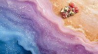 Colorful abstract fluid art background with wavy lines and glitter effect in purple, blue, and peach tones, featuring organic shapes and marbled texture.
