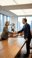 Two business professionals shaking hands across a wooden conference table in a modern office with floor-to-ceiling windows, skyline views, and contemporary ceiling design.