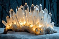 Luminous crystal cluster formation with warm golden light emanating from translucent quartz points creating magical ambiance for meditation and healing spaces.