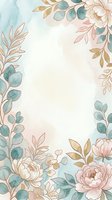 Soft watercolor floral border frame with pastel peonies, teal eucalyptus leaves, and gold accents on a light background for wedding or invitation design.
