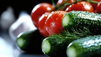 Fresh cucumbers with water drops and dill next to ripe cherry tomatoes on dark background, macro shot showing texture and freshness of organic vegetables.