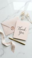 Elegant thank you card with blush envelope, wax seal, gold pen, and dried flowers on marble, styled for wedding or event stationery.