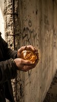 Weathered male hands holding glowing golden orb against urban concrete wall with graffiti, symbolizing hope, energy, and possibility in gritty environment.
