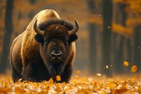 Majestic bison standing in golden autumn forest with falling leaves and warm sunlight creating magical atmosphere for wildlife photography projects.