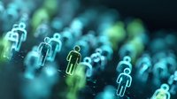 Glowing digital human figures in blue and green tones against dark background, representing social network, digital population, or online community concept.