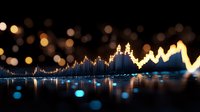Financial market graph glowing on dark background with golden bokeh lights and blue reflection, showing stock trading data analysis and trends.