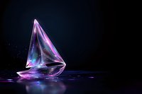 Luminous crystal sailboat glowing with purple and blue light against dark background, creating magical atmosphere with reflective surface.