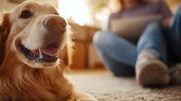 Happy golden retriever dog with friendly smile close up at home while owner relaxes in background. Cozy lifestyle scene capturing pet companionship.
