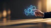 Businessman hand touching glowing gear icons, representing digital transformation, automation, and industrial technology solutions for business operations.