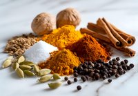 Colorful aromatic spices and seasonings arranged on white marble surface, including turmeric, paprika, cinnamon sticks, cardamom pods, nutmeg, and peppercorns.