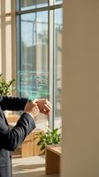 Businessman using holographic interface with data analytics and charts in modern office environment for futuristic technology presentations.