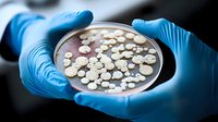 Laboratory scientist in blue gloves holding petri dish with bacterial colonies growing on agar medium, close-up view of microbiology research and testing.