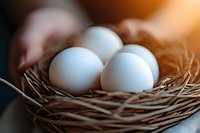 Fresh white eggs in natural straw nest with soft bokeh background, macro close-up view showing texture and natural lighting for food photography.
