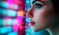 Female profile with digital code projection on face in vibrant neon pink and blue lighting, representing artificial intelligence and future technology concepts.
