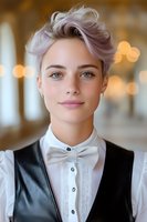 Young waitress with short platinum hair wearing formal restaurant uniform with bow tie and vest against blurred warm bokeh background. Professional hospitality service portrait.